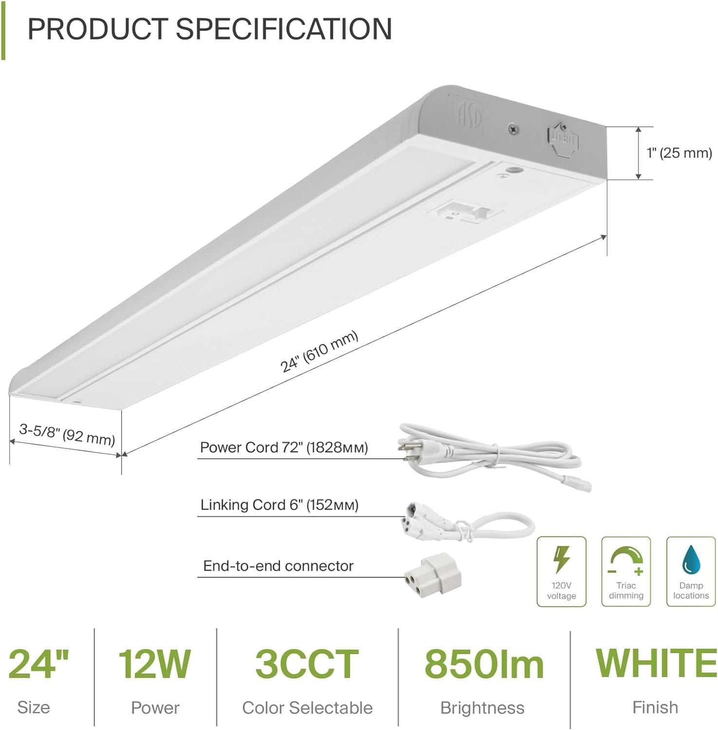 ASD Swivel LED Under Cabinet Lighting, 24 Inch 12W, Hardwired or Plug-in, 2700K/3000K/4000K Selectable, Rotatable Lens, Dimmable Linkable Under Counter Light for Kitchen, ETL & Energy Star