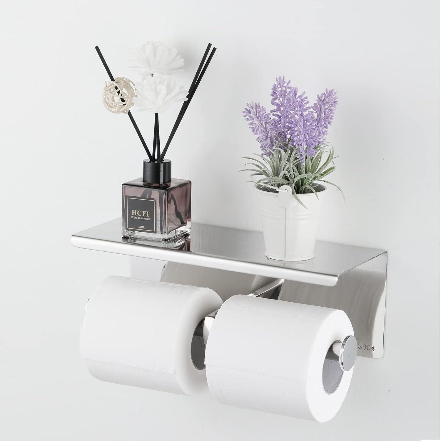 Brushed Nickel Toilet Paper Holder with Shelf – Heavy Duty 304 Stainless Steel Wall Mount Double Roll Holder, Fits Mega Rolls & Holds Phone – Rustproof Bathroom Organizer
