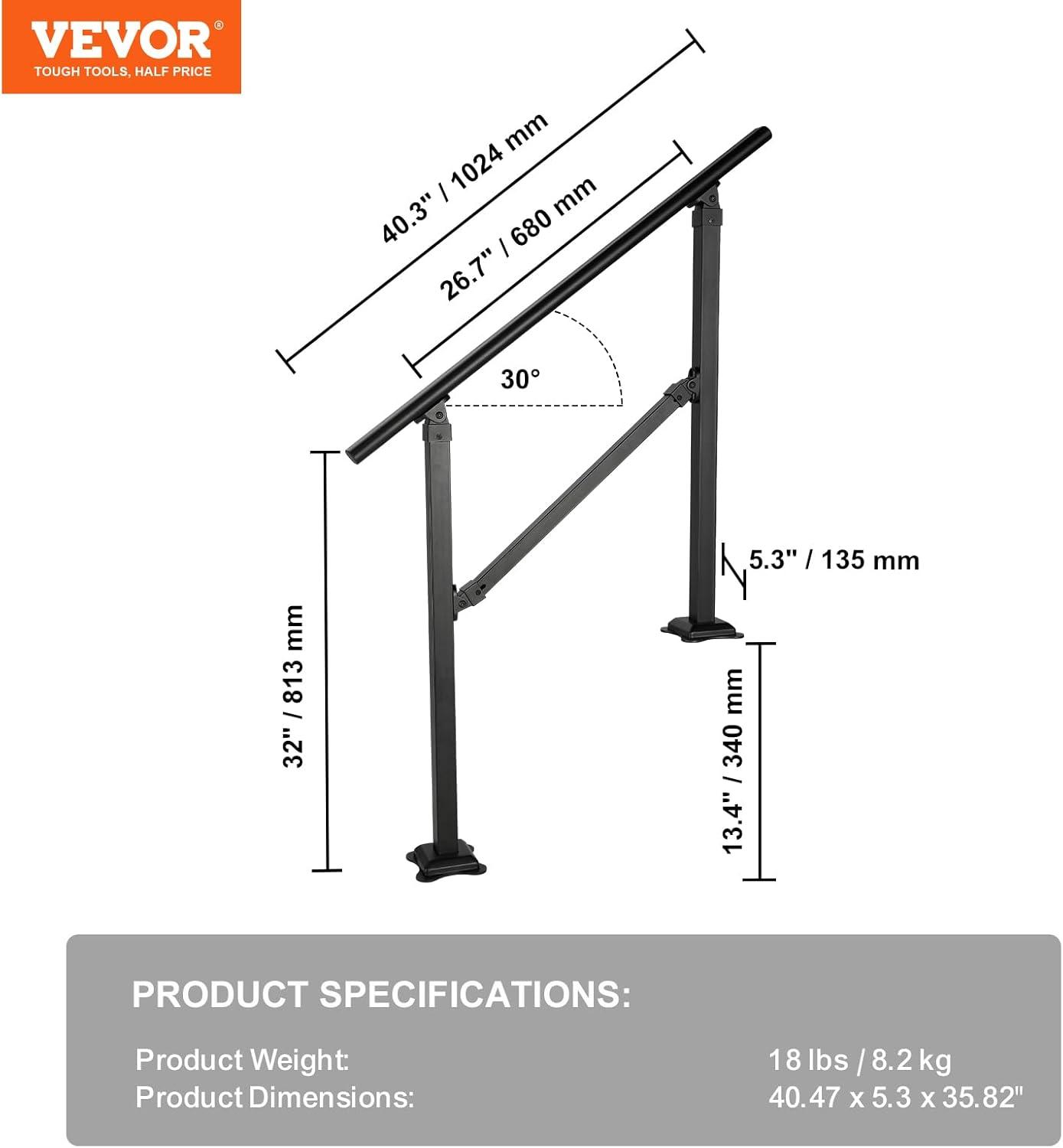 Adjustable Black Stainless Steel Handrail for 2-3 Steps