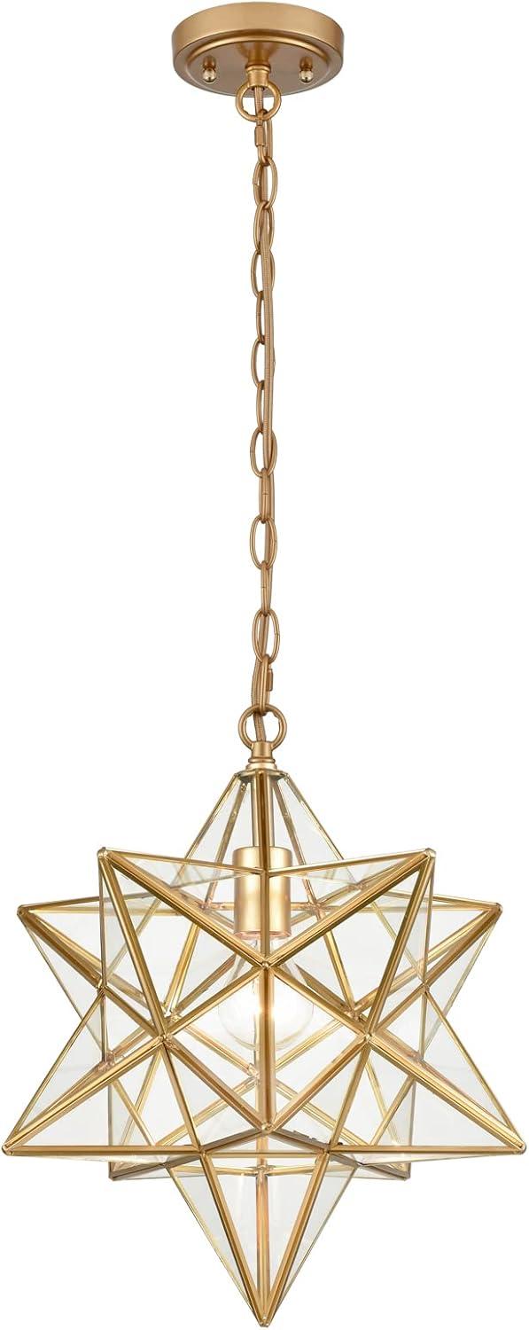 Moravian Star Light Modern Brass Pendant Light 15 Inches with Clear Glass Shade