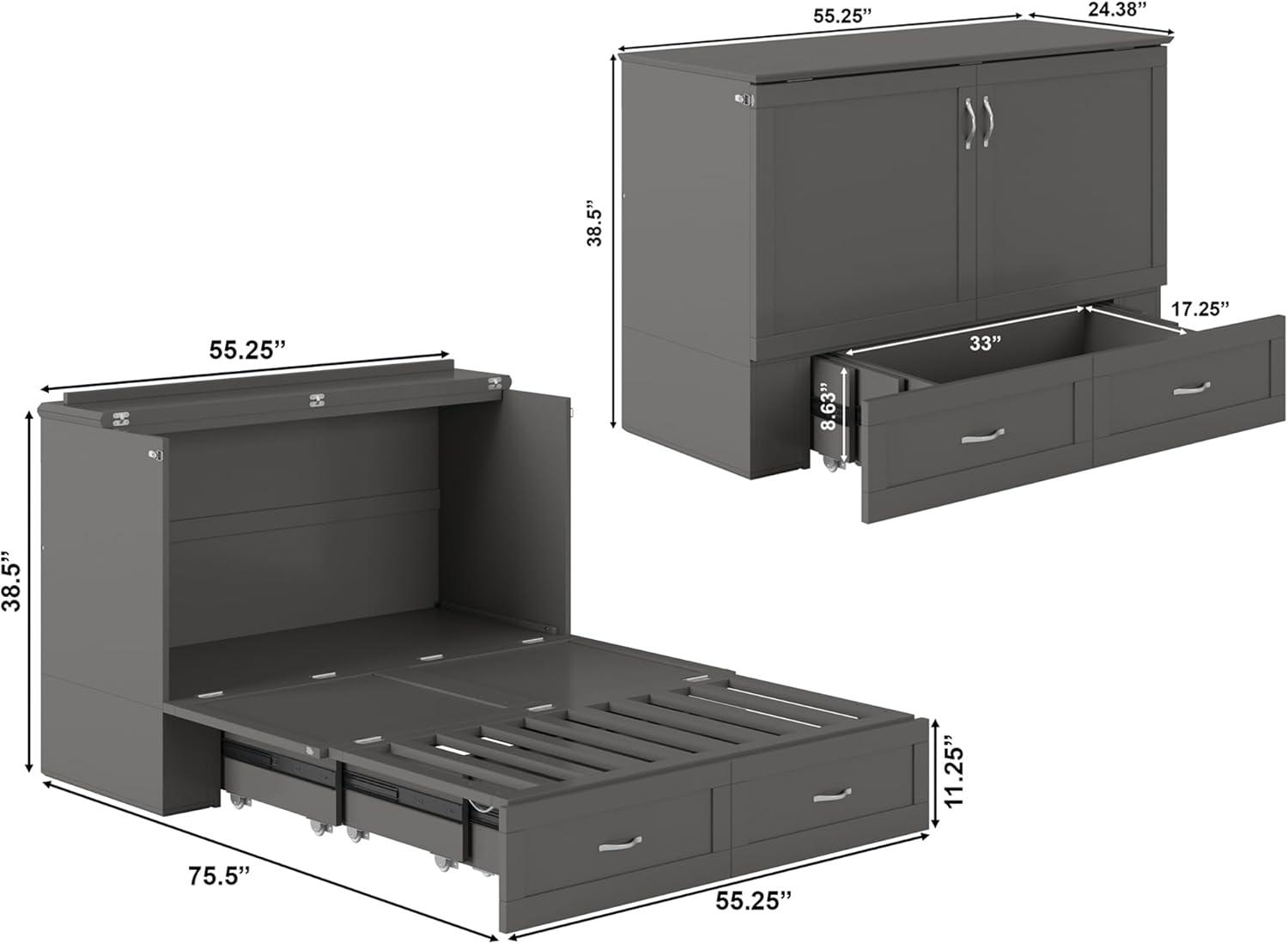 AFI Hamilton Full Solid Wood Murphy Bed Chest with Built-In Charger in Gray