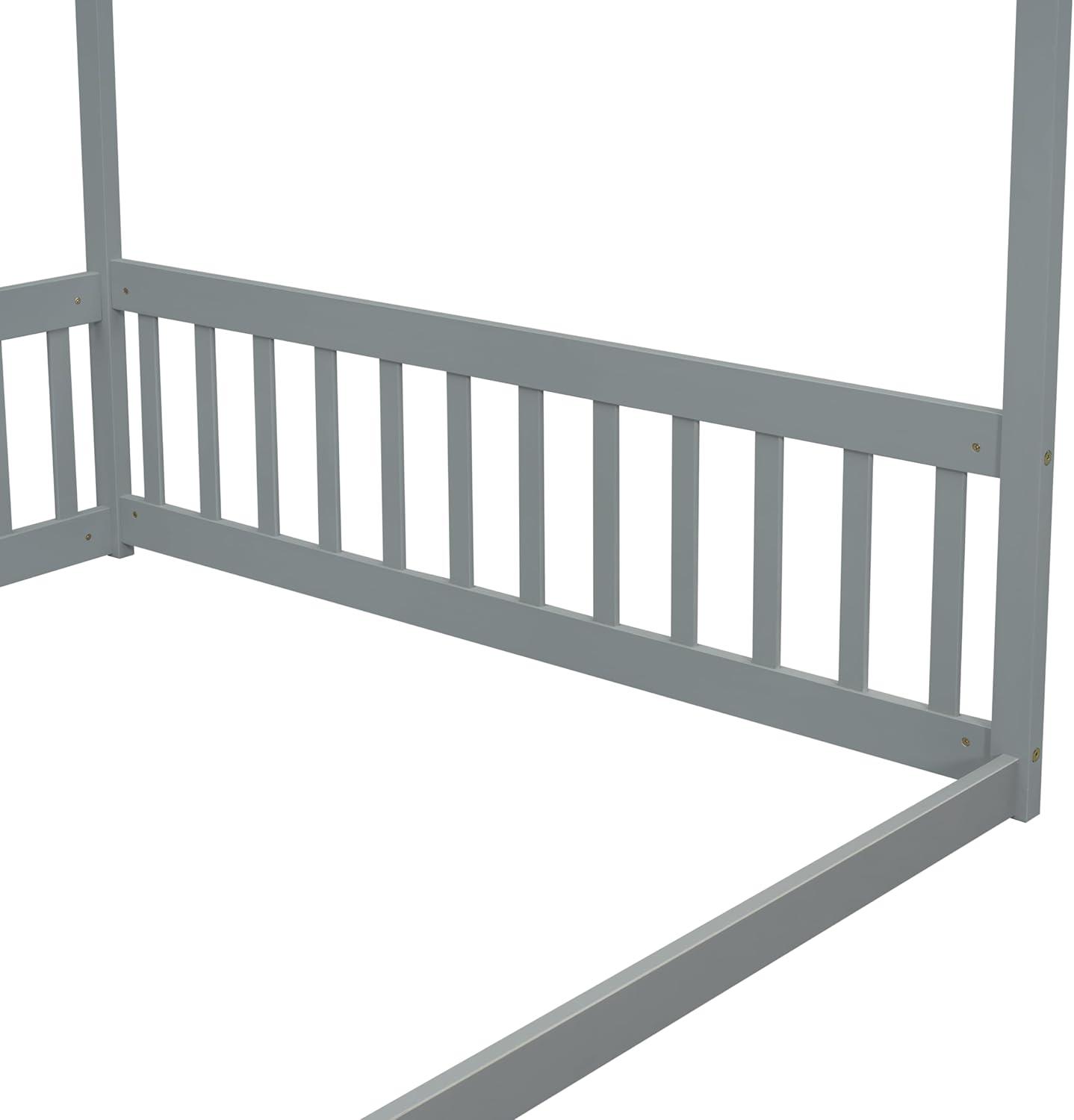 Canopy Frame Twin Size Floor Bed for Kids Bedroom,Wood Bed Frame with Fence for Boys/Girls/Teens,No Box Spring Needed,Natural
