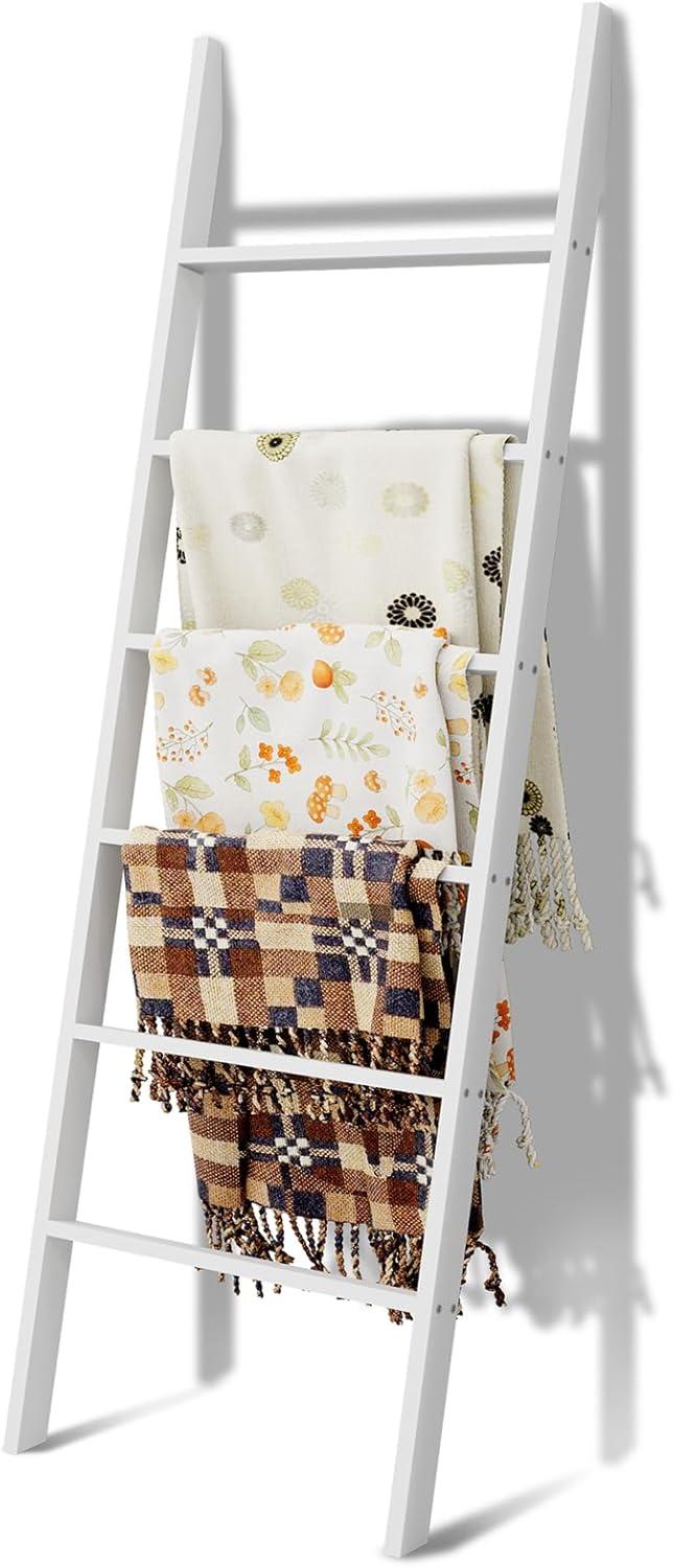 Latitude Run® Wood Blanket Ladder, 57.5'' Rustic Towel Quilt Throw Blanket Ladders For The Living Room, Bedroom, Nursery Stand Holder, Wooden Decorative Ladder For Blankets Rack Farmhouse Home Decor, White
