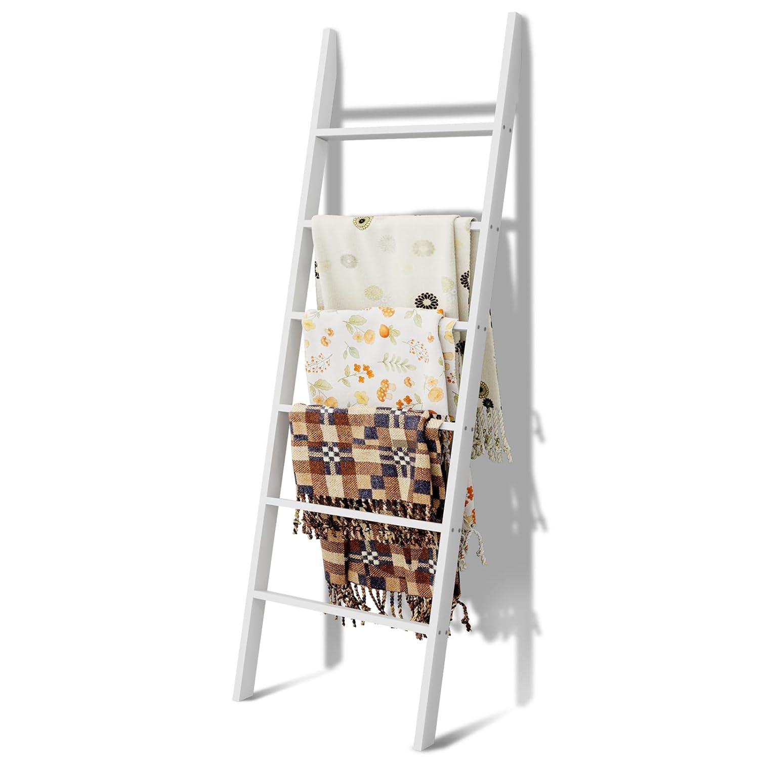 Latitude Run® Wood Blanket Ladder, 57.5'' Rustic Towel Quilt Throw Blanket Ladders For The Living Room, Bedroom, Nursery Stand Holder, Wooden Decorative Ladder For Blankets Rack Farmhouse Home Decor, White