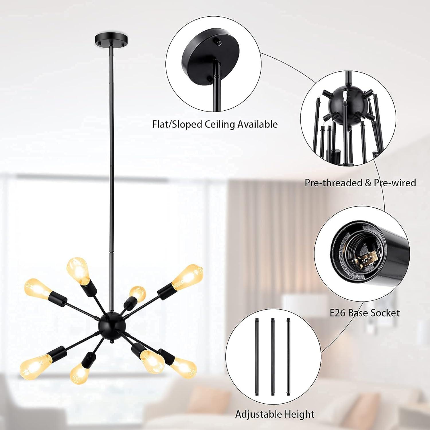 SineRise Sputnik Chandeliers Black, 8 Lights Modern Sputnik Lighting Fixture with Adjustable Height for Dining Room, Living Room, Kitchen, Bedroom and Hallway