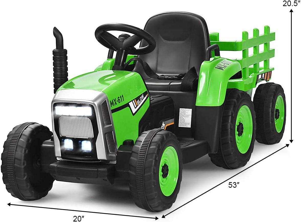 Green 12V Kids Ride-On Tractor with Trailer and Remote Control