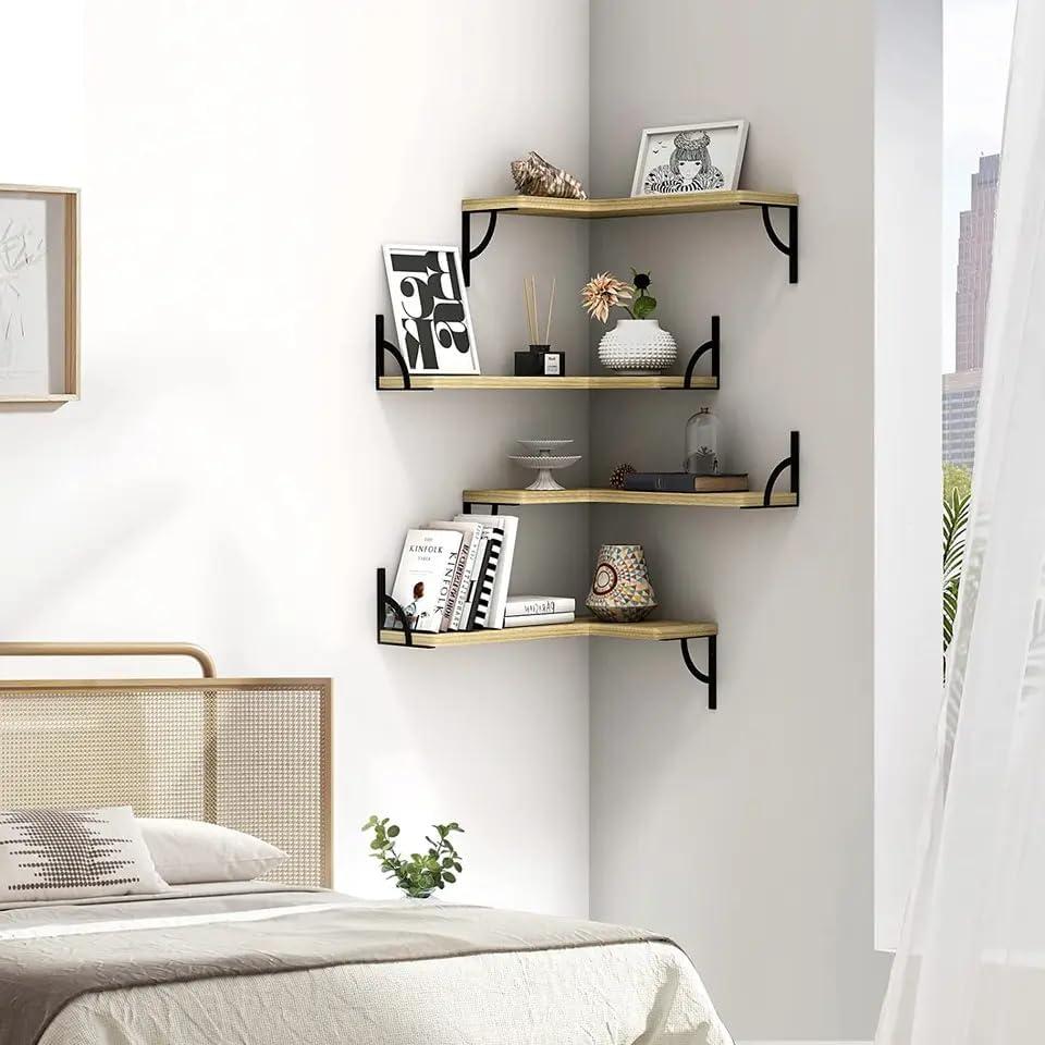 Small Modern Light Brown Floating Corner Wall Shelf Set