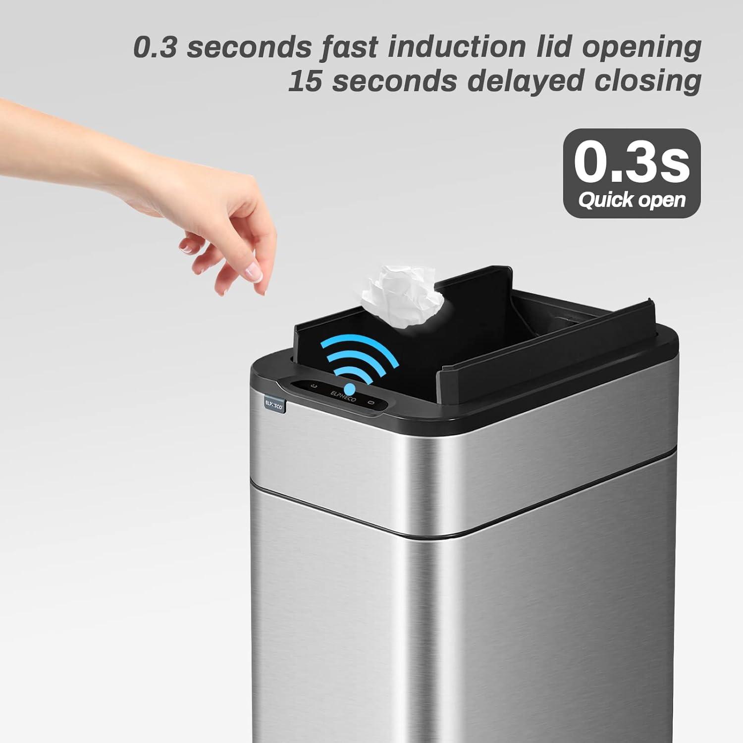 Kitchen Trash Can - ELPHECO - 40 Liter / 10.6 Gallon Automatic Trash Can with Butterfly Lid, Brushed Stainless Steel Finish, Motion Sensor Garbage Can for Kitchen, Office, Living Room, Outside, 6 AAA