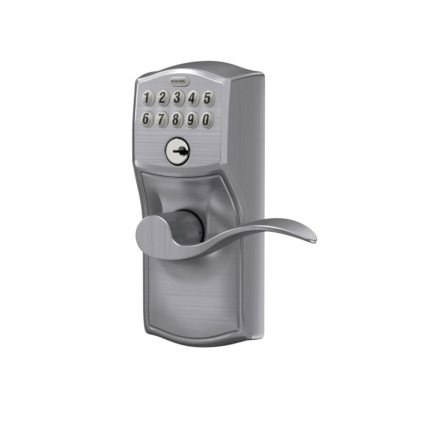 Schlage FE595 Camelot By Accent Keypad with 16211 Latch 10063 Strike Entry Flex-Lock Electronic Keypad with 16211 Latch 10063 Strike Satin Chrome Finish