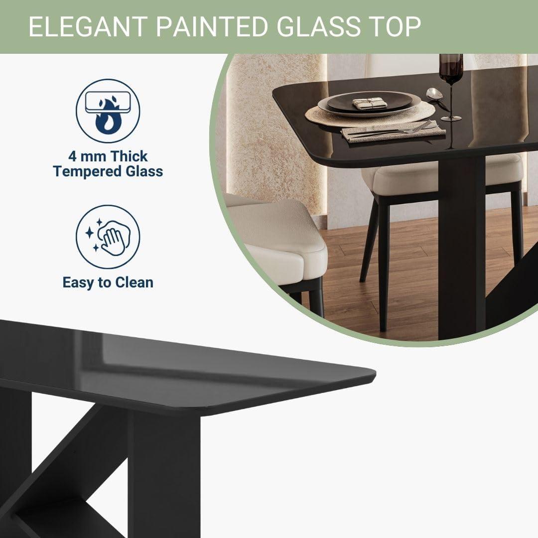 Elegant Painted Glass Dining Table for 6, Italian-Style 6-Seater Dining Table with Tempered Glass Top and Elegant Wood Base, Modern and Sophisticated Design for Dining Rooms, Black