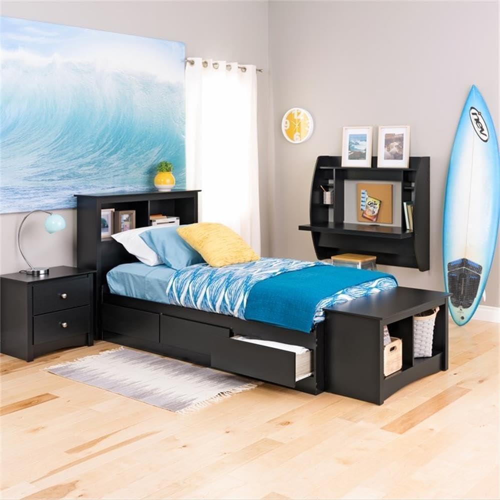 Black Twin XL Wood Platform Bed with 3 Storage Drawers