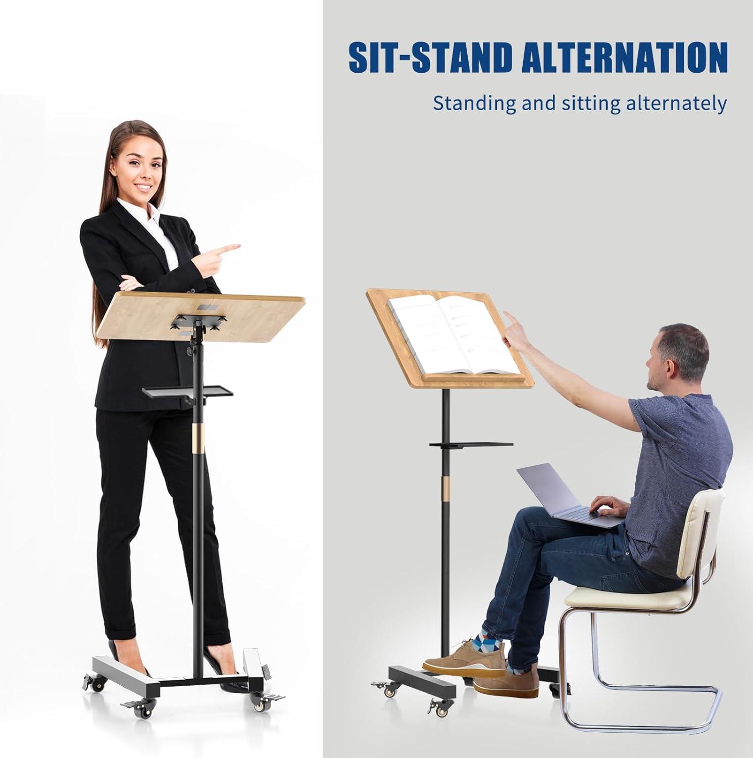 Adjustable Bamboo and Iron Rolling Lectern Podium Stand