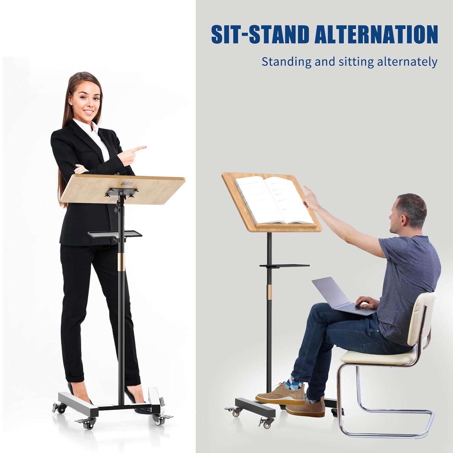 Lectern Podium Stand with Storage Platform, Height Adjustable Steady Standing Design Teacher Speaker Lecture Classroom Presentation Stand, Multi-Function Reading or Laptop Desk with Edge Stopper