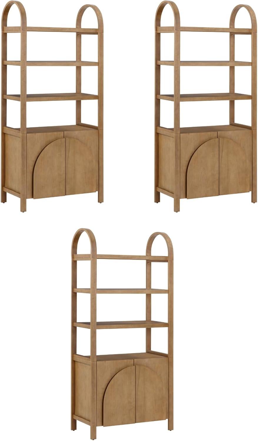 3 Tier Arched Bookshelf With Cabinet Base And Solid Wood Frame (3-Piece Set)