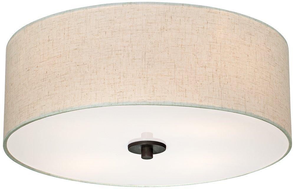 Regency Hill Sylvan Modern Ceiling Light Flush Mount Fixture 18" Wide Bronze 4-Light Oatmeal Fabric Drum Shade for Bedroom Kitchen Living Room Hallway