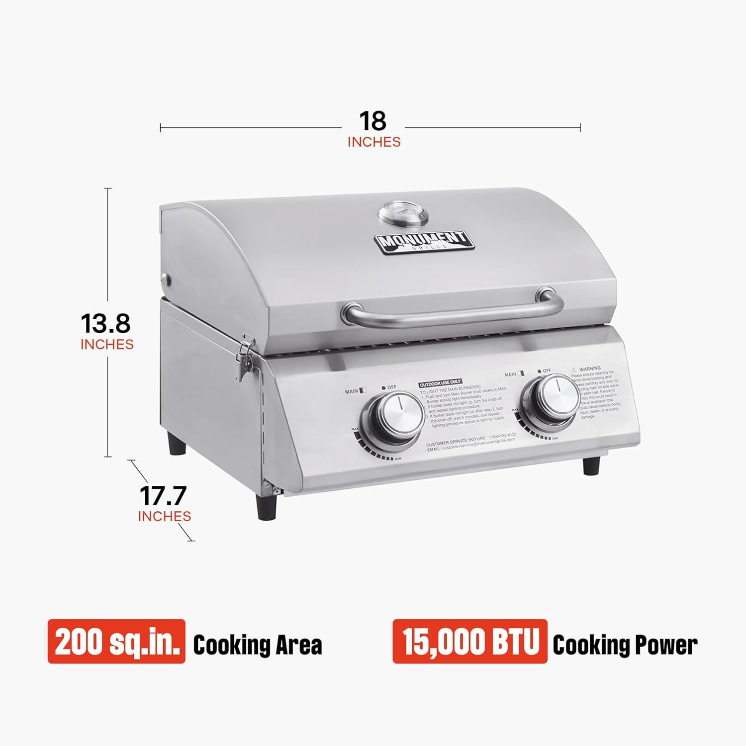 Monument Grills 13742,2-Burner Portable Stainless Steel Tabletop Propane Gas Grill with High Lid and Travel Locks, 15,000 BTU – Perfect for Family BBQs