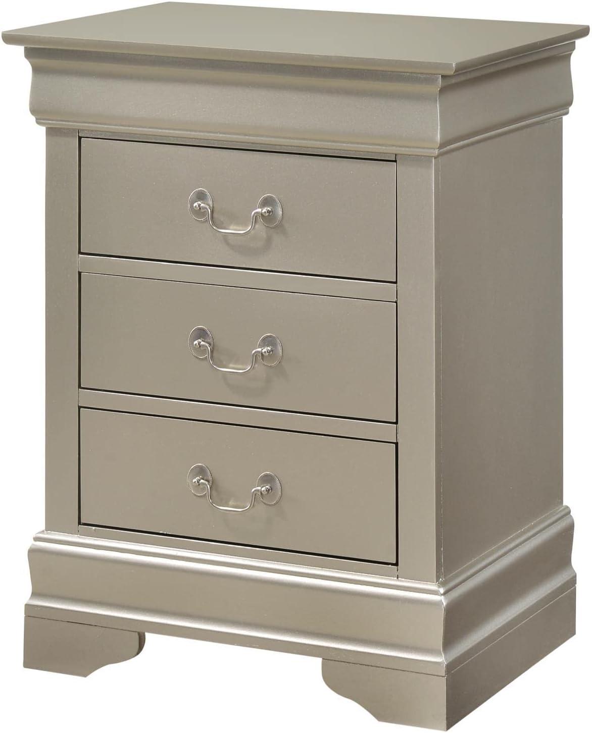 Transitional 3-Drawer Rectangular Nightstand in Silver Champagne