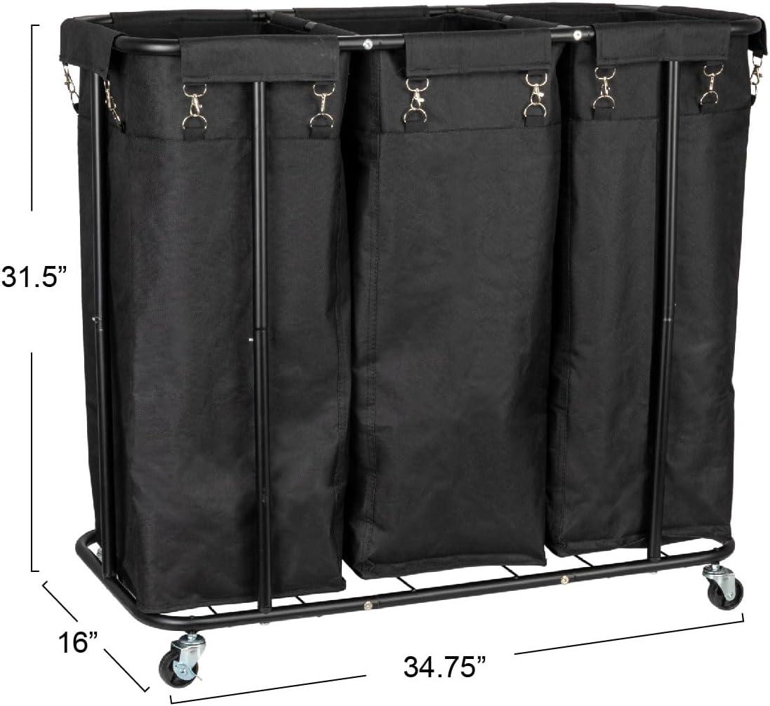 Black Metal 3-Bag Rolling Laundry Sorter with Wheels