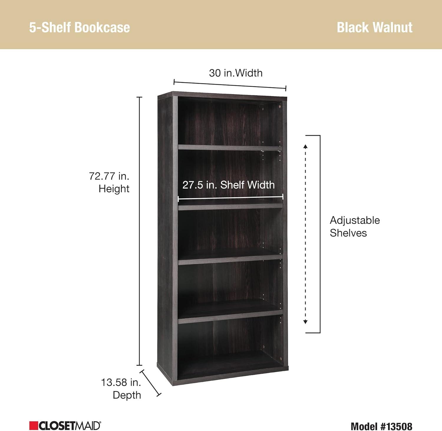 Adjustable Black Walnut 5-Tier Laminated Bookshelf