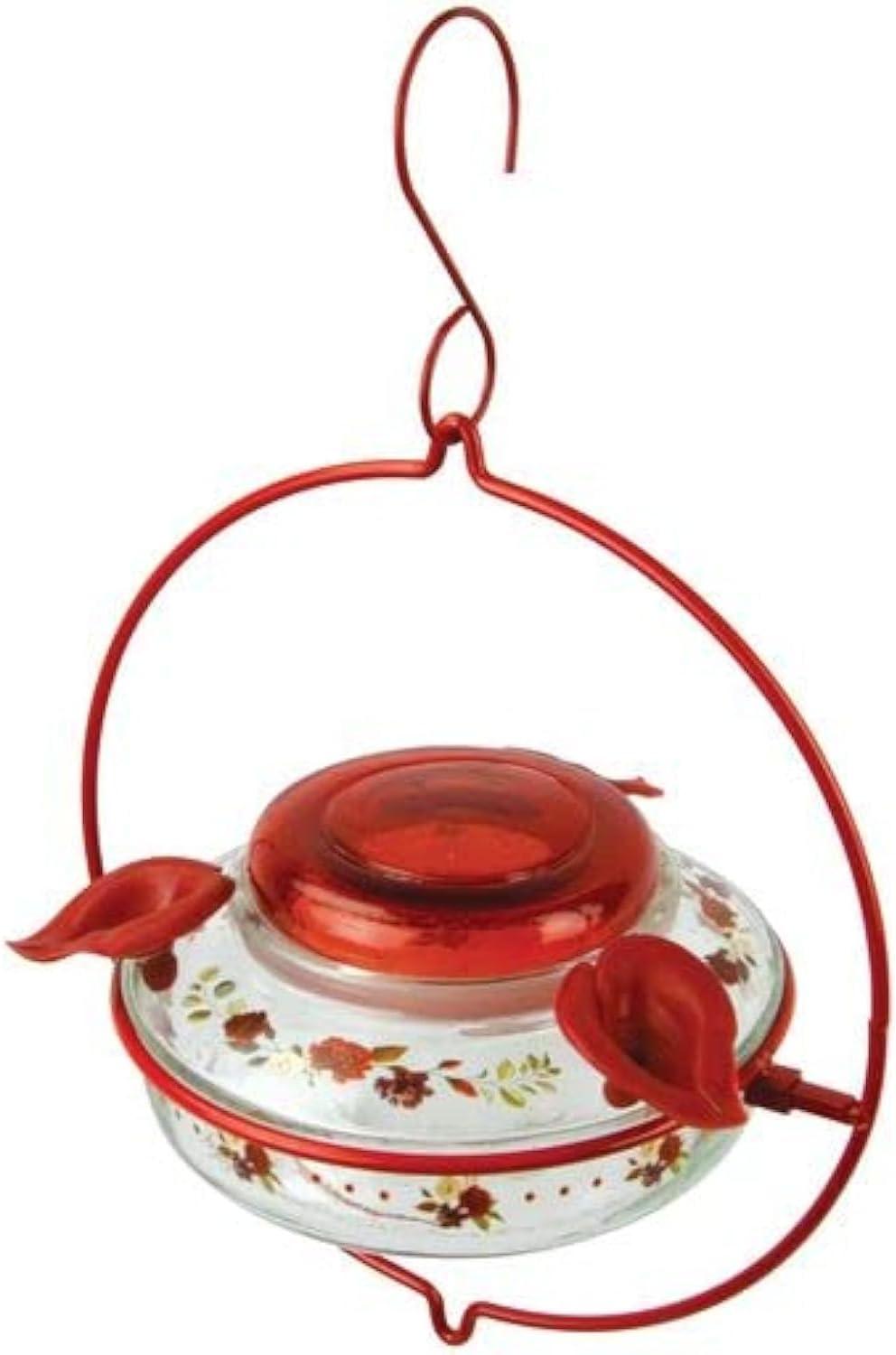 Crimson Floral Glass and Metal Hanging Hummingbird Feeder