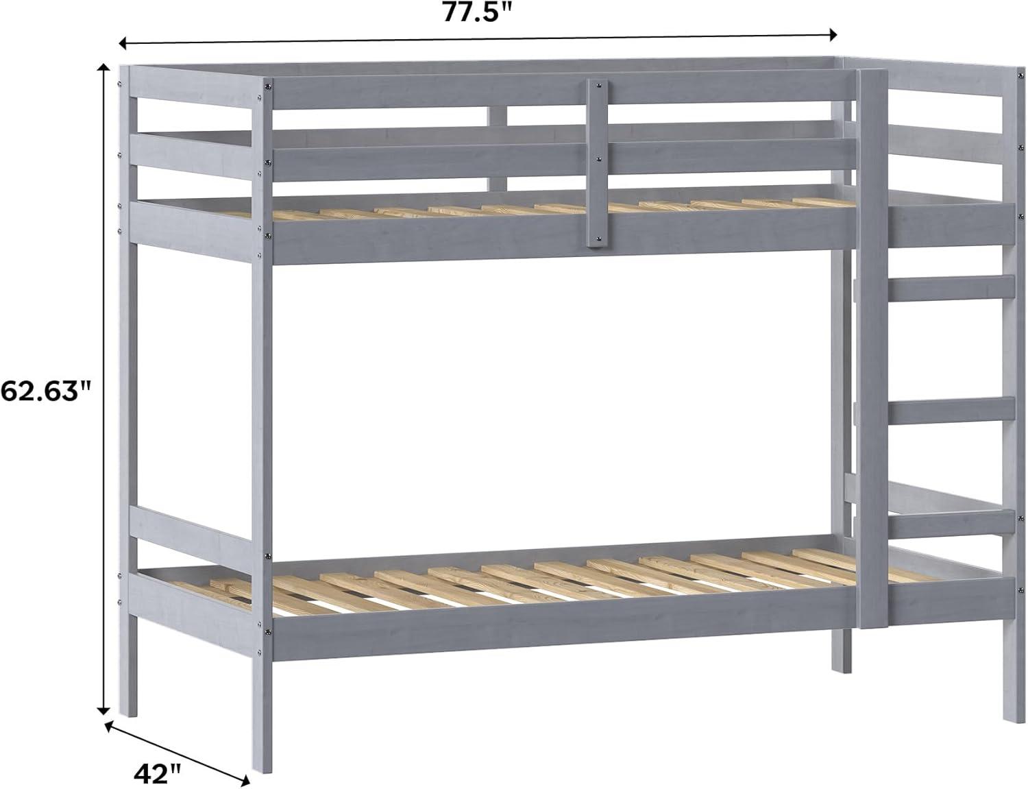 Grey Twin Over Twin Pine Wood Bunk Bed with Slats