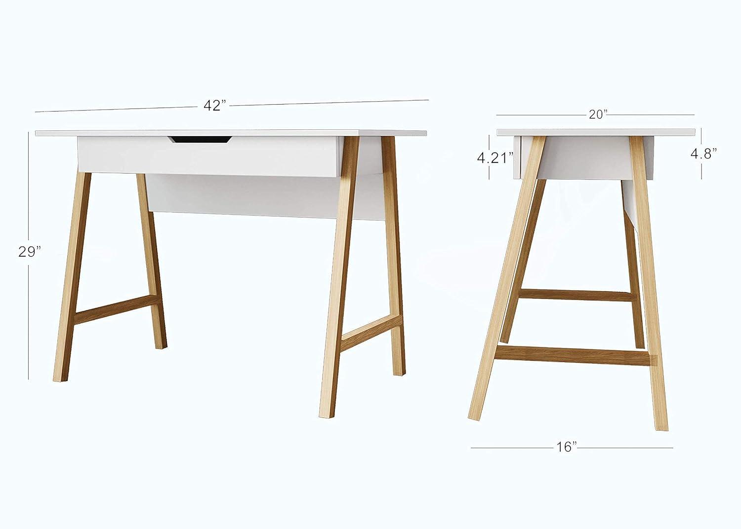 White Rectangular Modern Wood Writing Desk with Drawer