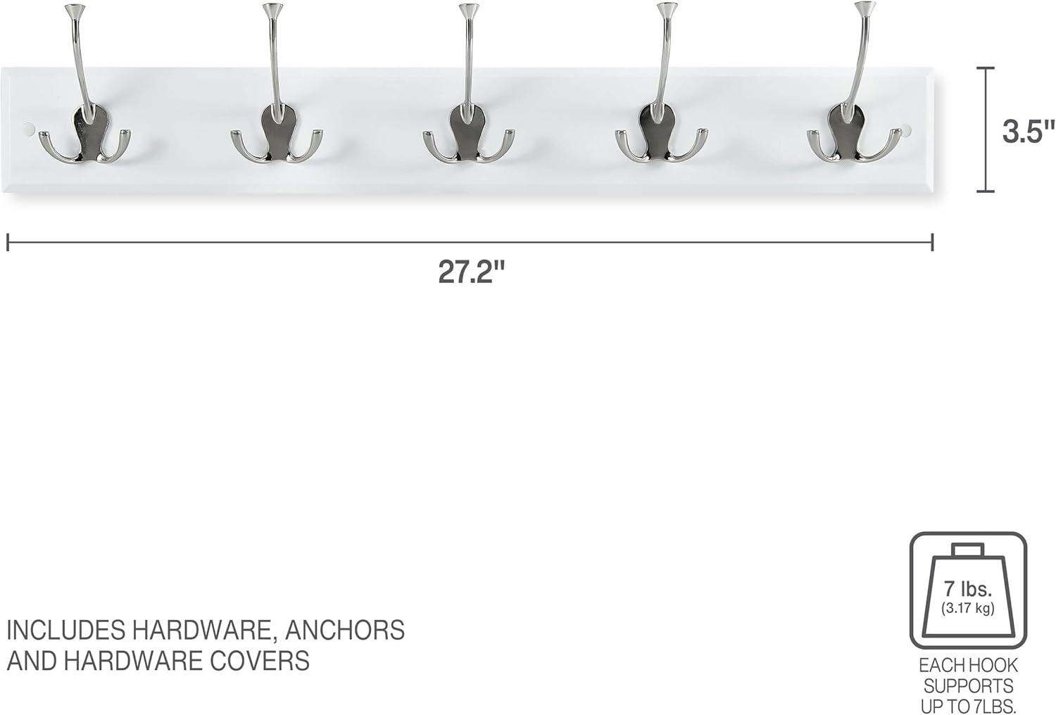 White Wall Mounted Coat Rack with 5 Silver Metal Hooks