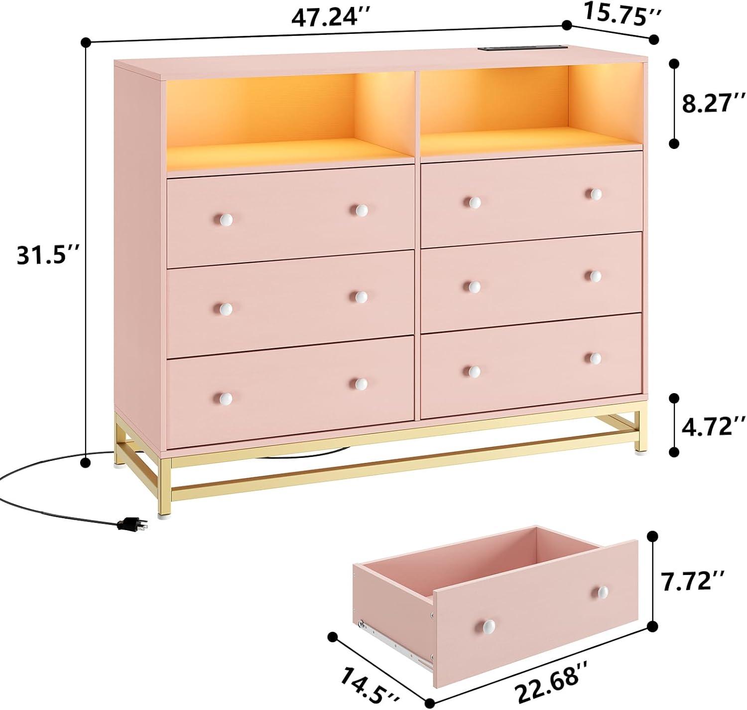 Juiluna Wide Dresser for Bedroom with Charging Station, 6 Drawer Dresser with LED Lights, Modern Large Capacity Storage Cabinet, Closet,White/Black/Pink