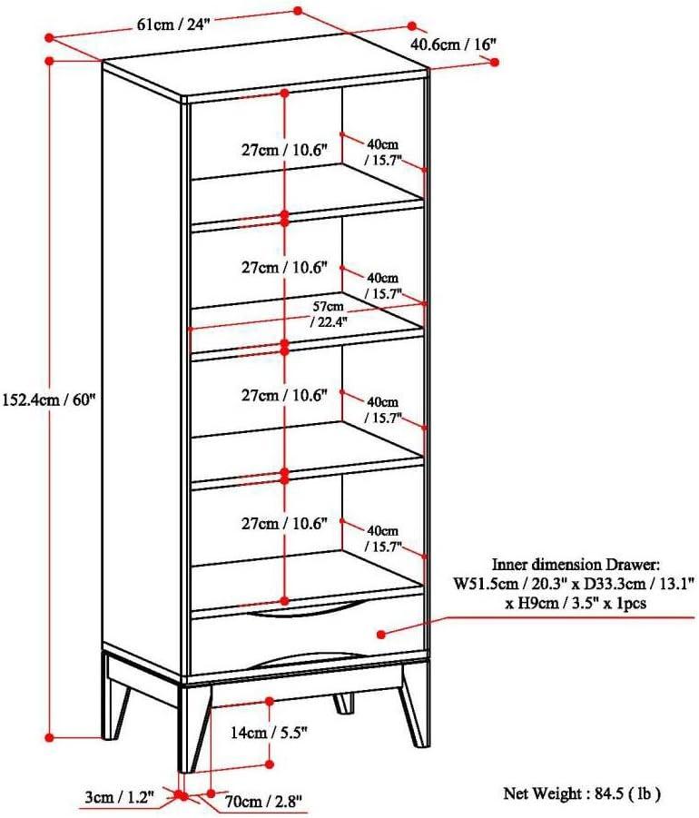 Simpli Home Harper Solid Hardood 60 " x 24 " Mid-Century Modern Bookcase with Storage in Teak Brown