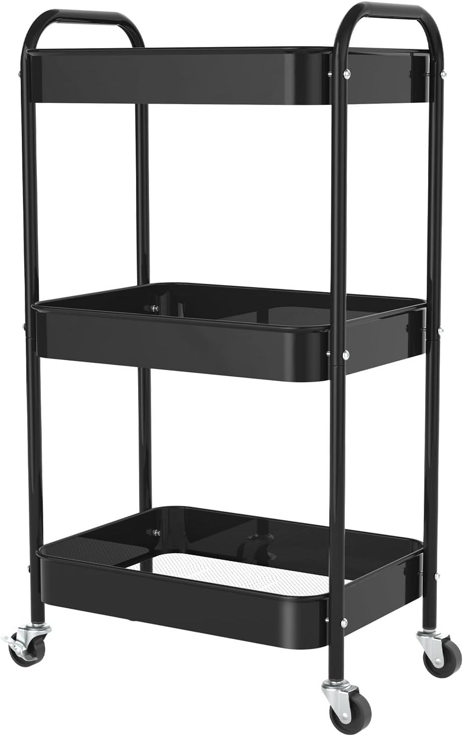 Black 3-Tier Metal Rolling Storage Cart with Wheels