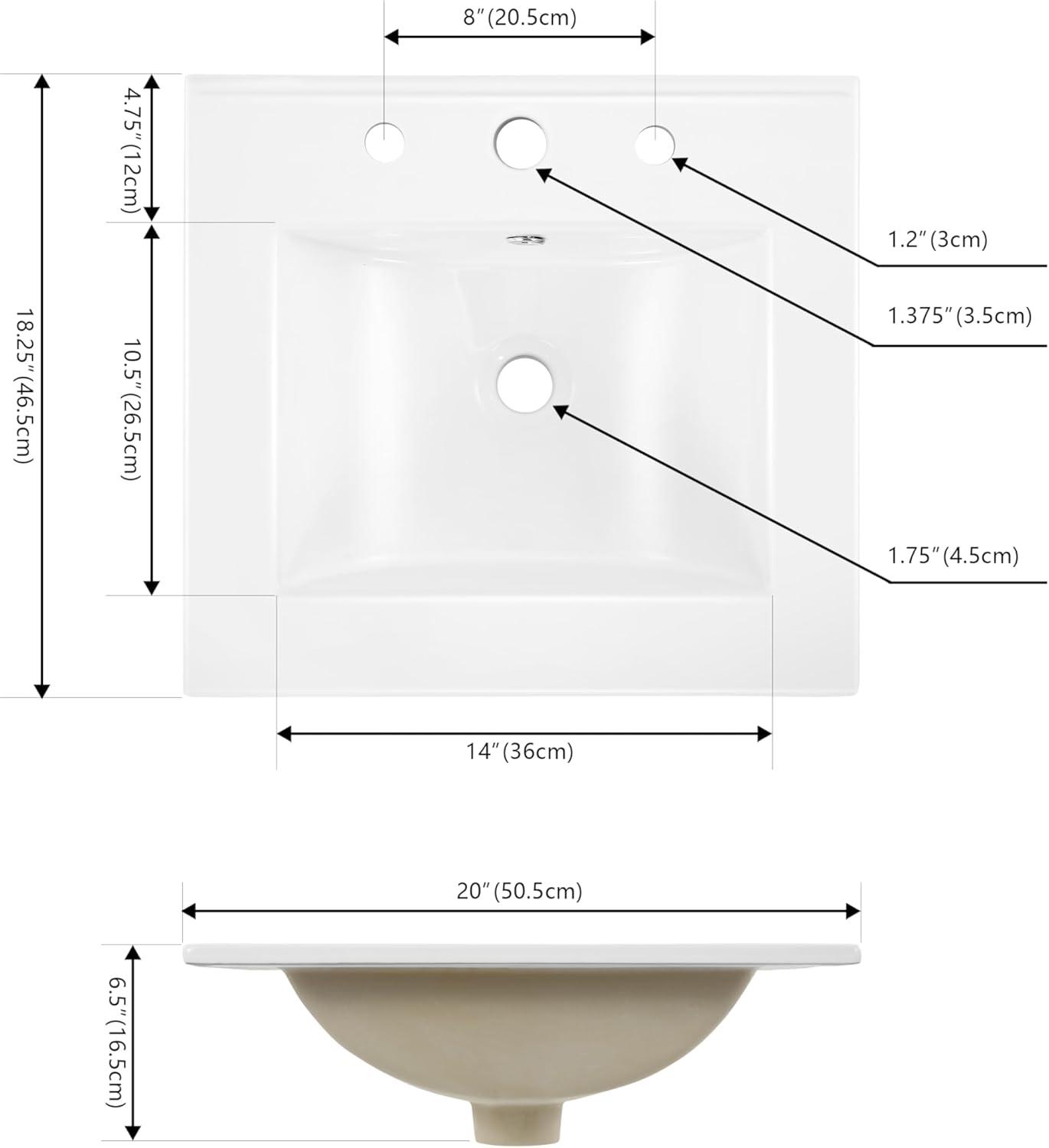 White Ceramic 20" Rectangular Single Sink Basin Vanity Top