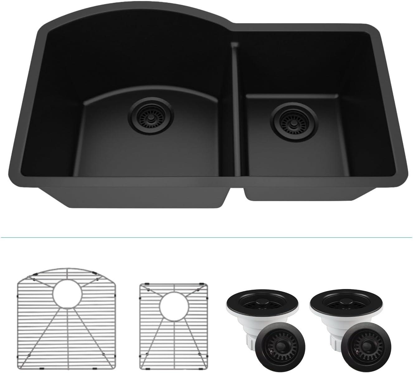 32" x 20" Quartz Kitchen Sink, 70/30 Double Bowl Sink, Drop-in Sink, Undermount Sink, Granite Kitchen Sink, with 2 Steel Grids and Basket Strainer, Disposal Flange