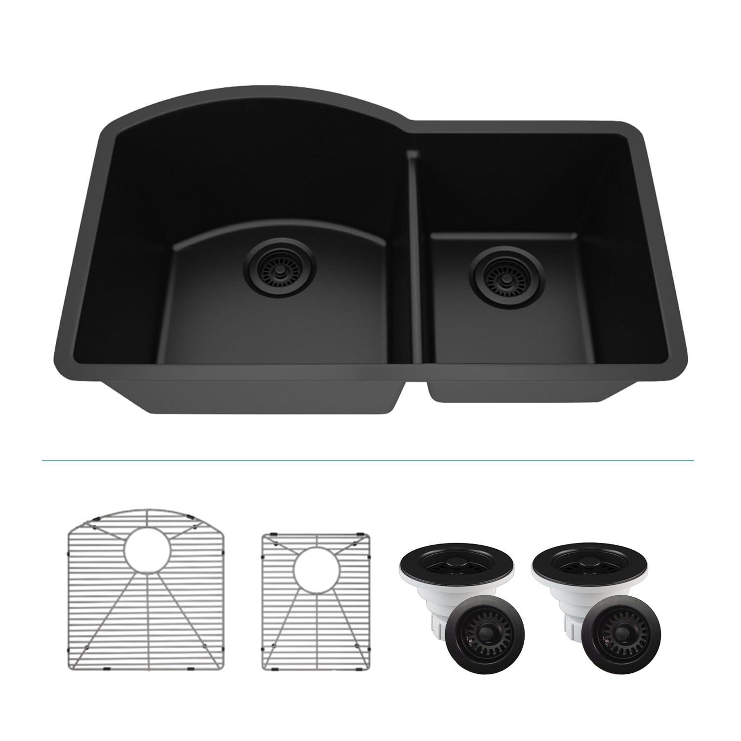 32" x 20" Quartz Kitchen Sink, 70/30 Double Bowl Sink, Drop-in Sink, Undermount Sink, Granite Kitchen Sink, with 2 Steel Grids and Basket Strainer, Disposal Flange