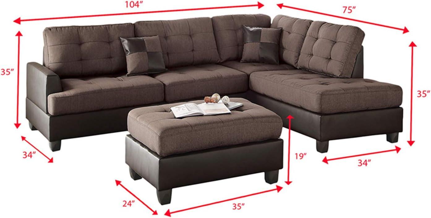 Poundex 3 Piece Fabric Sectional Sofa Set with Ottoman in Chocolate Color