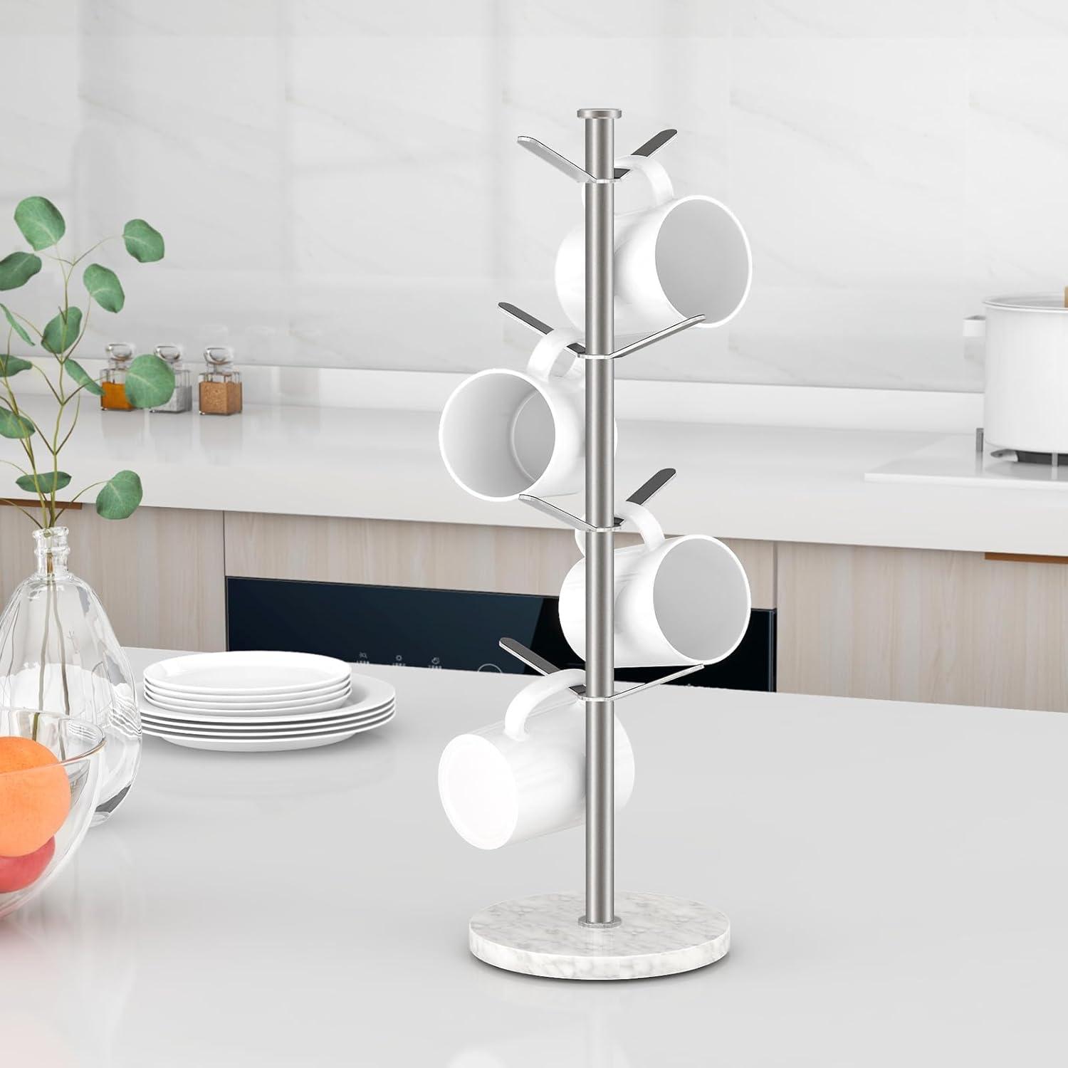 White Marble Base Stainless Steel Mug Holder Tree with 8 Hooks