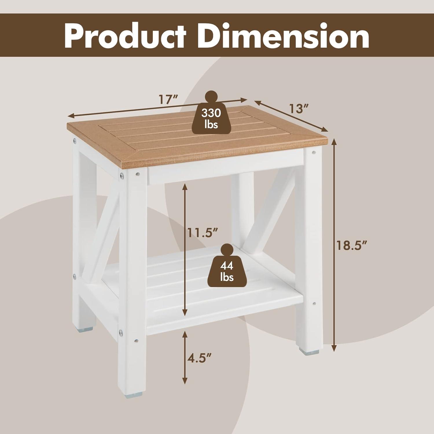 Brown and Creamy White 2-Tier Plastic Shower Bench with Storage Shelf