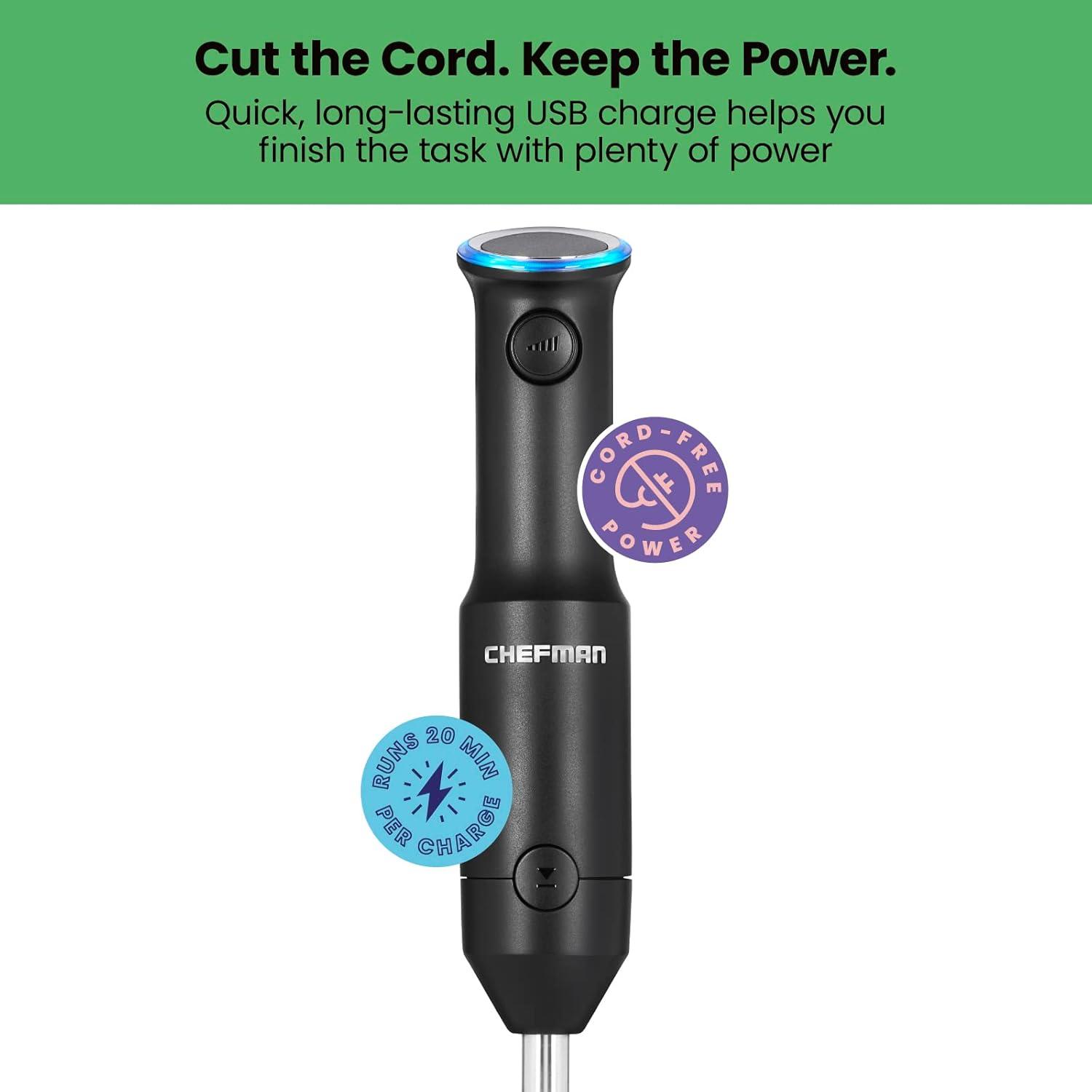 Chefman Cordless Handheld Immersion Blender, Variable Speed, Stainless-Steel Blade, Black