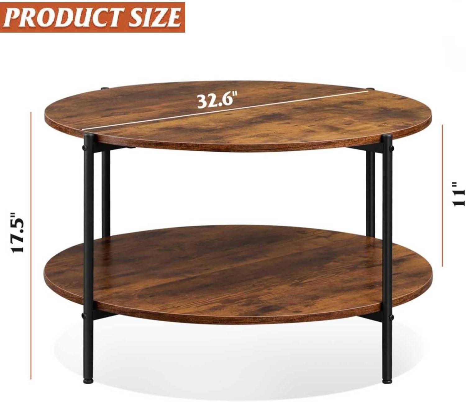 Round Coffee Table For Living Room, 32.6" Circle Coffee Table With Open Storage Shelf, 2-Tier Industrial Round Wood Center Table For Bedroom, Home Office, Rustic Brown