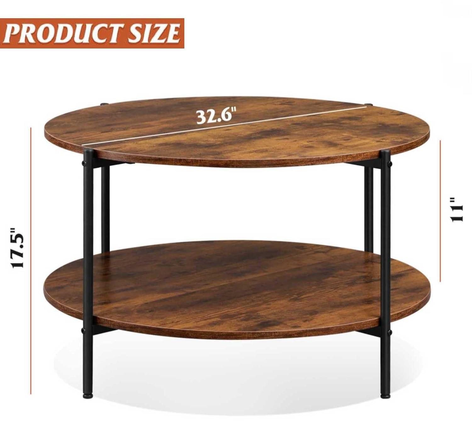 Round Coffee Table For Living Room, 32.6" Circle Coffee Table With Open Storage Shelf, 2-Tier Industrial Round Wood Center Table For Bedroom, Home Office, Rustic Brown