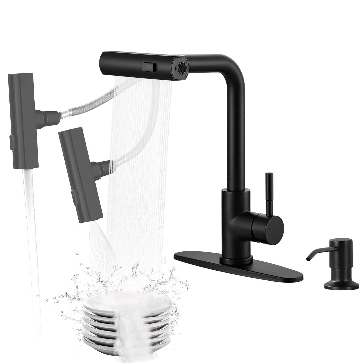 Waterfall Kitchen Faucet with Pull Down Sprayer, Stainless Kitchen Faucet with Sprayer 3 Modes