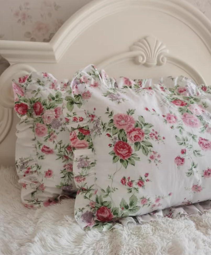 Pink Floral Cotton Ruffled Standard Pillowcases