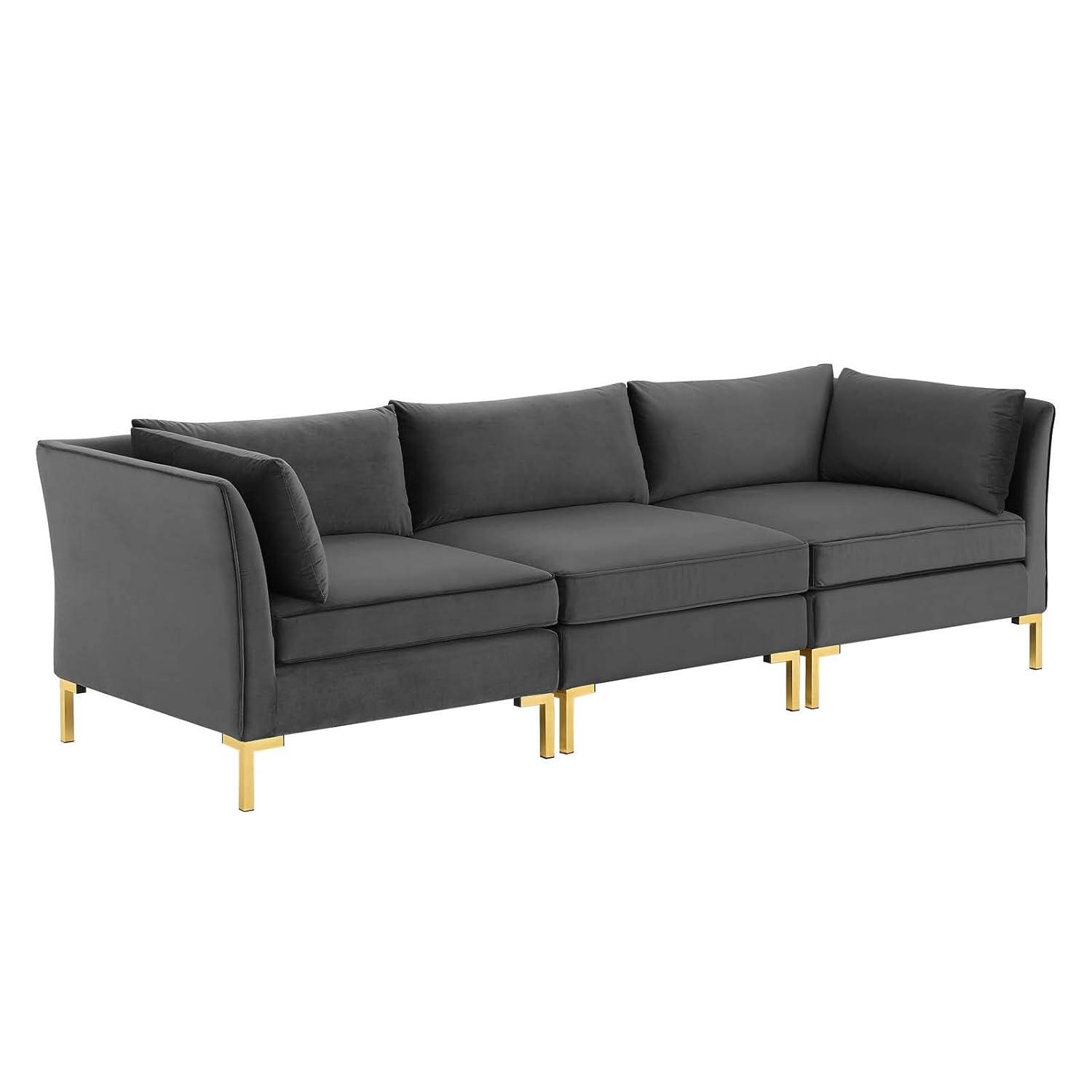 Glam Deco Gray Velvet 103" Sectional Sofa with Gold Legs