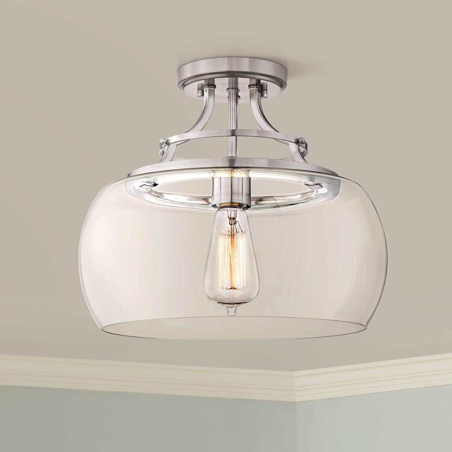 Franklin Iron Works Charleston Modern Industrial Ceiling Light Semi Flush Mount Fixture 13 1/2" Wide Brushed Nickel LED Clear Glass Shade for Bedroom