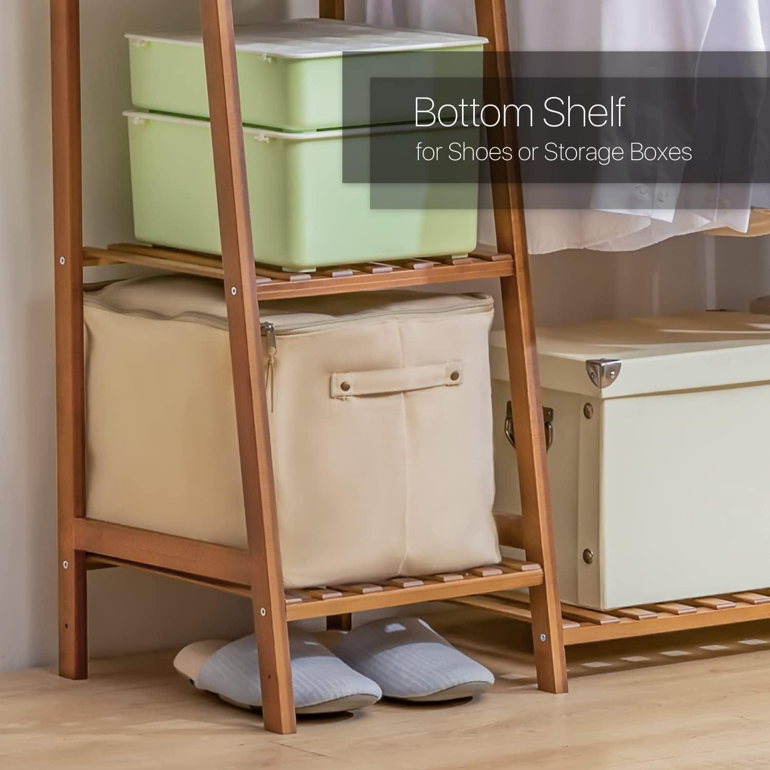 MoNiBloom Bamboo Garment Rack with 5-Tier Storage Shelves Trapezoid Multi-Functional Garment Rack, Clothes Hanging Rack Stand for Bedroom Living Room, Natural