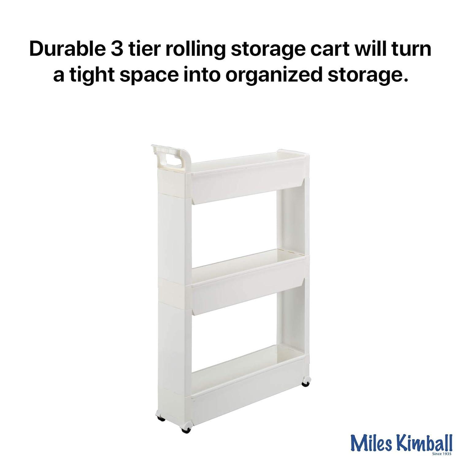 Slim Storage Cart with 3 Baskets/Shelves and Rolling Casters for Kitchen, Laundry, and Small Space Storage, Durable Plastic - Measures 21" Long x 5" Wide x 28 1/4" High