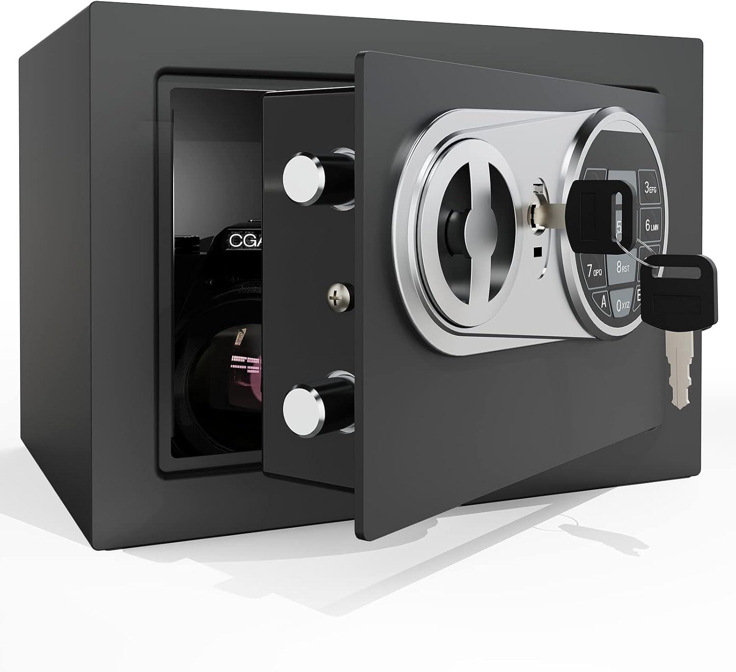 Goldenkey Small Safe Box for Money, Digital Home Safe Box with Keys&Code for Cash and Coin, Security Mini Safe for Kids Personal Items, 6.69"D x 9.05"W x 6.69"H, 0.236 Cu.Ft.