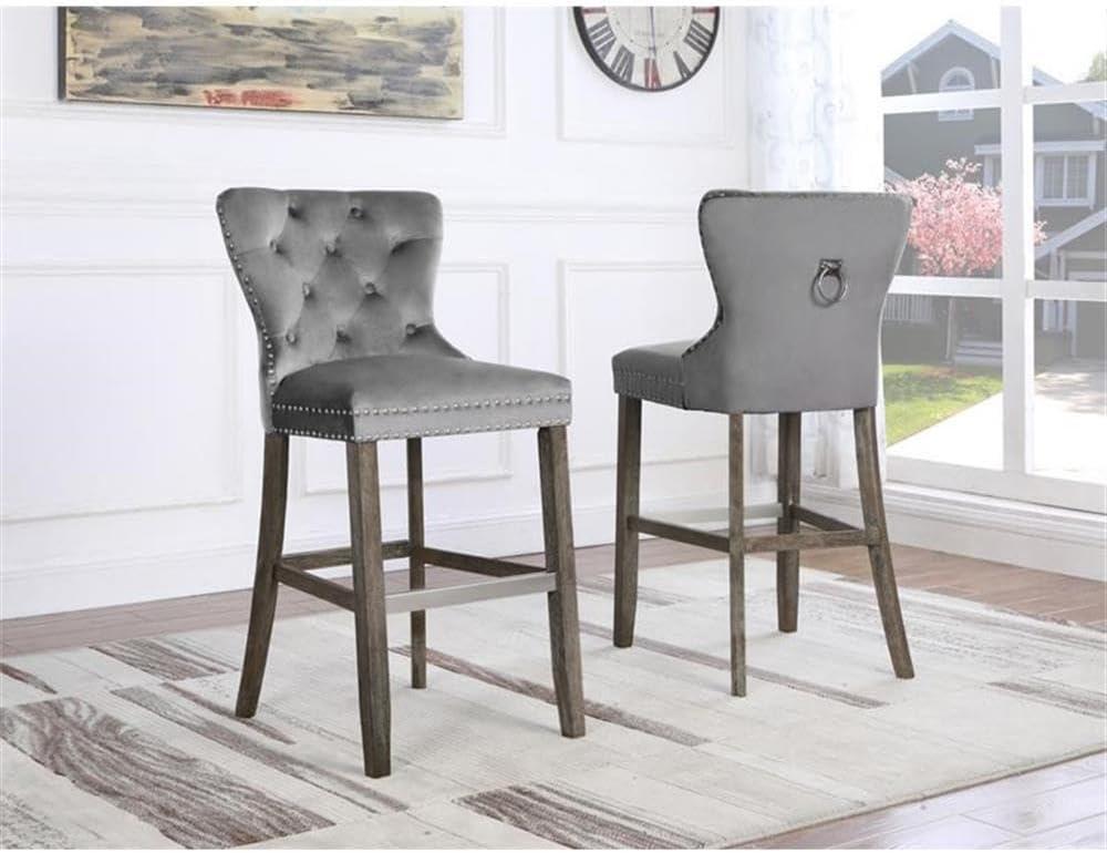 Rustic Gray Velvet Bar Stools with Chrome Handle and Footrest (Set of 2)