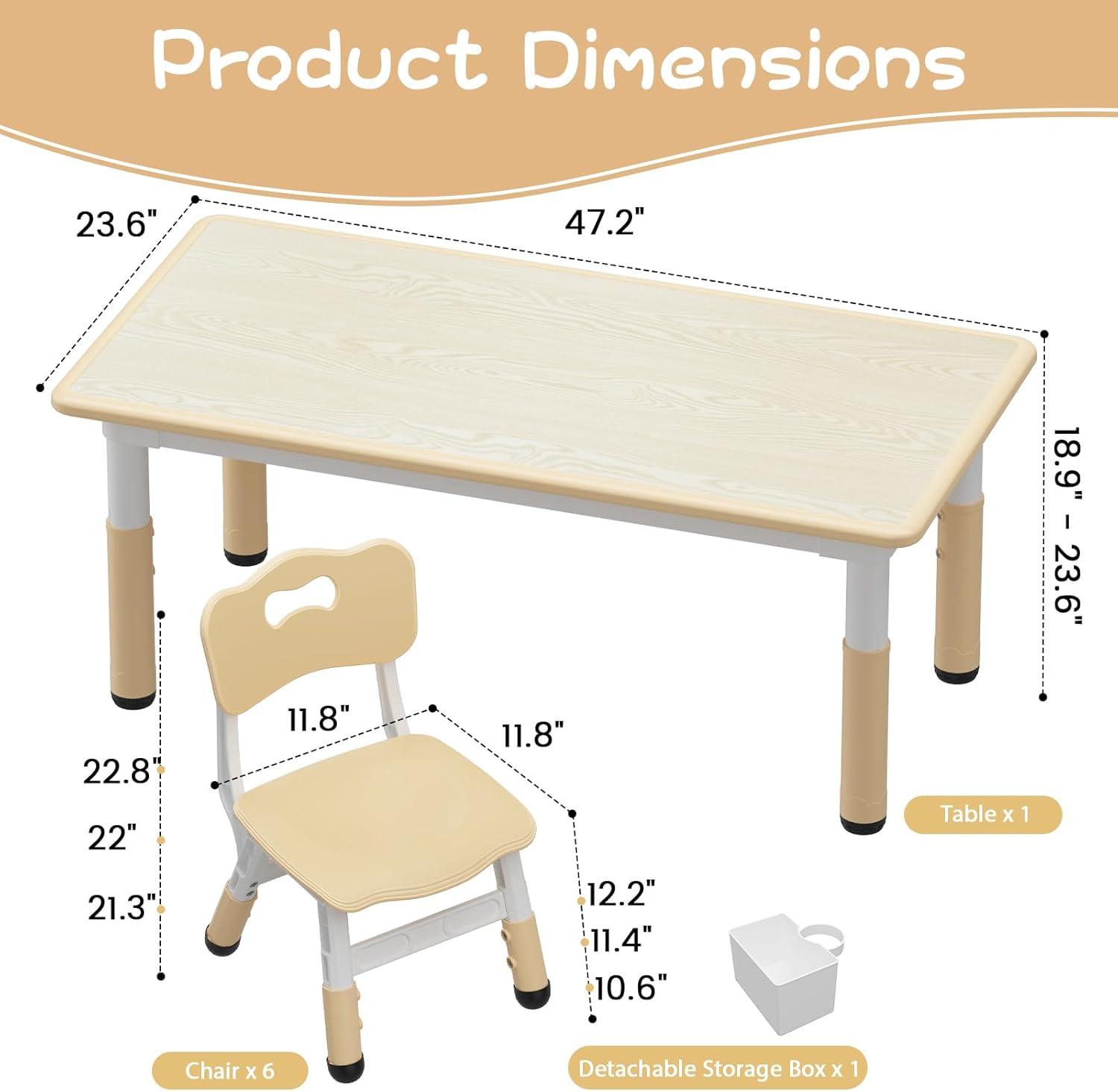 Brelley Kids Table and 6 Chairs Set, Height Adjustable Toddler Desk and Chair Set, Graffiti Desktop, Classroom/Daycare/Home, Children Multi-Activity Table for Ages 2-8