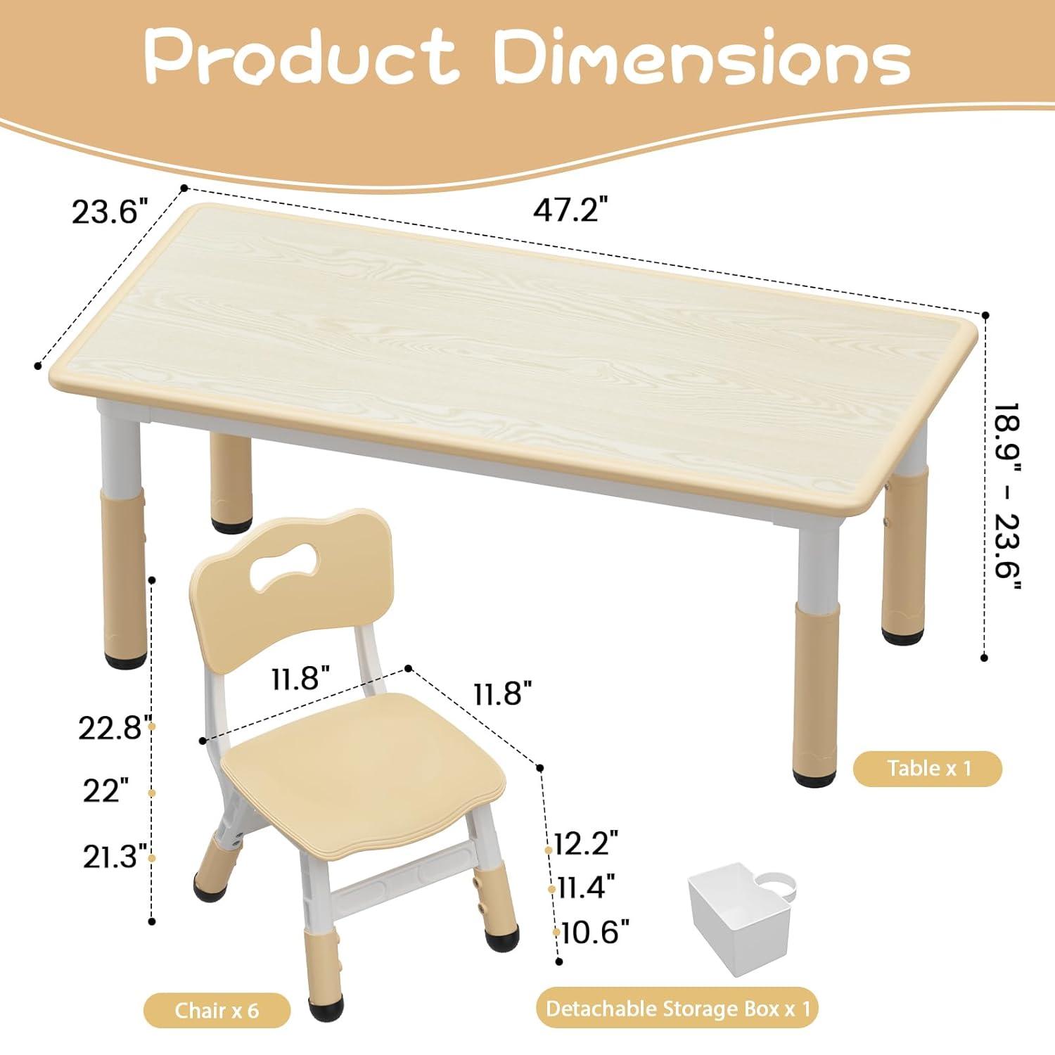 Brelley Kids Table and 6 Chairs Set, Height Adjustable Toddler Desk and Chair Set, Graffiti Desktop, Classroom/Daycare/Home, Children Multi-Activity Table for Ages 2-8