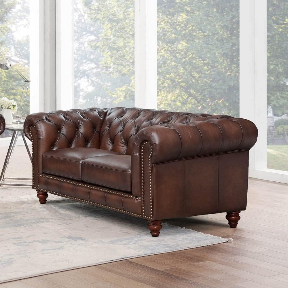 Caramel Brown Tufted Leather Chesterfield Loveseat with Nailhead Trim